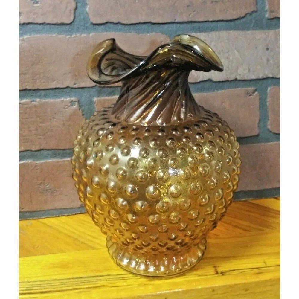 Vintage Amber Hobnail Glass Vase Ruffled Edge ribbed neck gorgeous 8.5x6.5 EUC